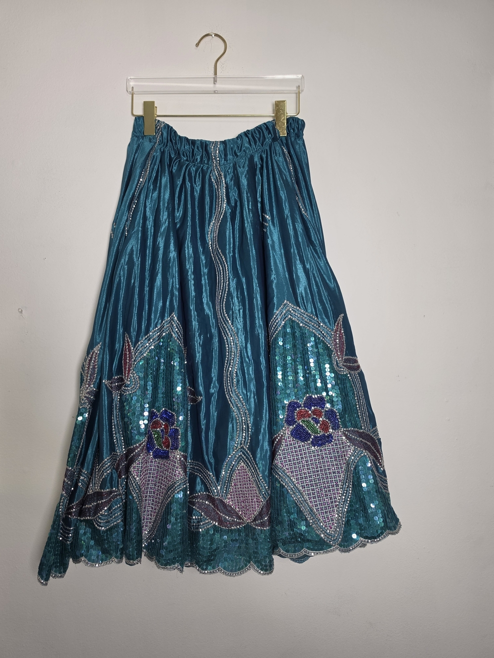 Teal Sequin Embroidered Women's Ethnic Skirt Adjustable Floral Accents